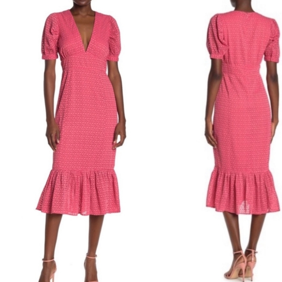 Tularosa Elliot Midi Dress Small Coral Pink V-Neck Textured Print Boho Cocktail - Picture 1 of 15